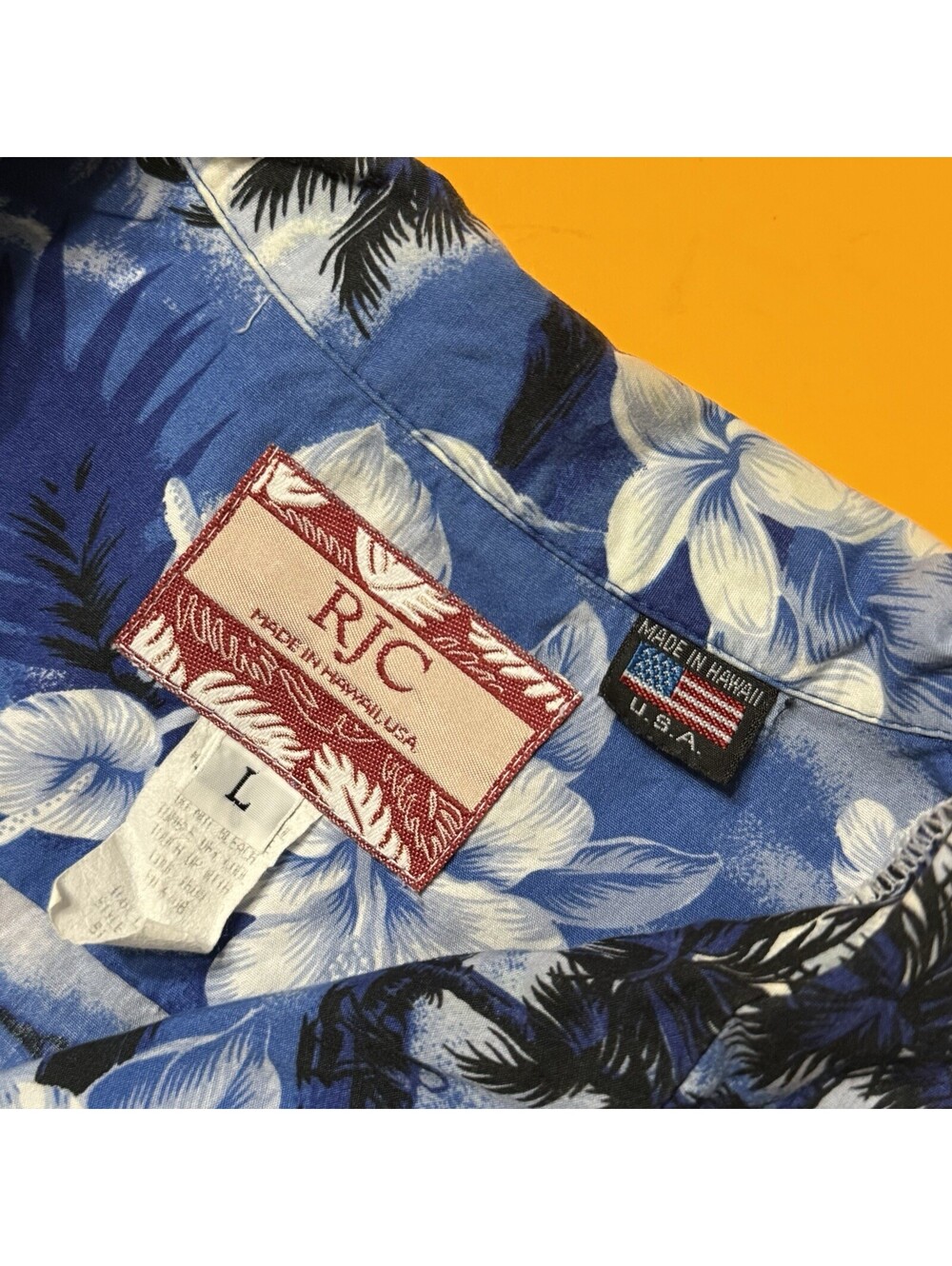 RJC Hawaiian Shirt Blue Palm Trees Floral Print Cotton USA Hawaii Made Men’s L - Picture 6 of 7